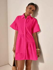 Vestido camisero verde de mujer, estilo casual con volantes, manga corta y cuello de camisa - Rosa Fucsia - Ver 3
