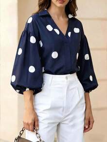 Blusa elegante con estampado de lunares y mangas de farol con botones en el frente y cuello en V, adecuada para la oficina y el uso casual - Primavera/Verano, vacaciones en la playa, vacaciones de verano Negro - Azul marino - Ver 4