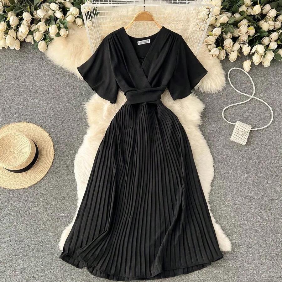 Vestido midi ajustado con cuello en V, falda plisada de color liso, estilo coreano, cintura alta, fibra de poliéster, vestido... - Negro - Ver 1