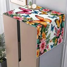 1pc 2D Sunflower & Butterfly Floral Pattern Printed Refrigerator/Microwave Cover Cloth, With Side Pocket Storage Function, Suitable For Kitchen Home Decor - Refrigerator Cover/microwave Oven Cover - View 4