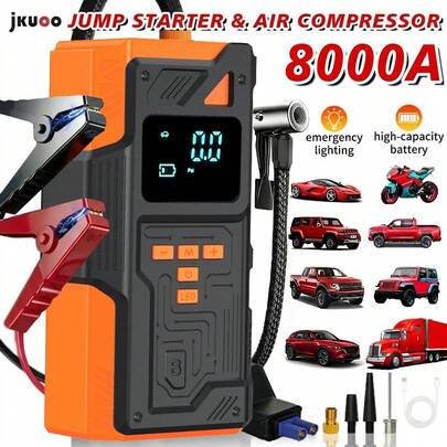 2026 Upgraded 5-In-1 Multifunctional Air Compressor, Heavy Duty Car Jump Starter, Portable Charger, With 150 PSI Digital Tire Inflator, LED Flashlight - SOS Distress Signal, Safety Hammer Design, Durable For 9.99L Gasoline Or 9.01L Vehicles, Includes Multiple Adapters | Emergency Car Tool | High Visibility Orange | Auto Accessories, Emergency Repair Kit!