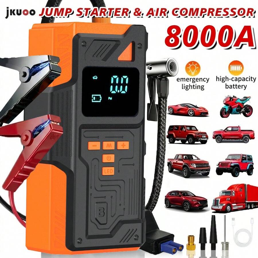 2026 Upgraded 5-In-1 Multifunction Compressor, Heavy Duty Car Jump Starter, Portable Charger, Equipped With 150 PSI Digital Tire Inflator, LED Flashlight - SOS Distress Signal Function, Car Accessories, Emergency Repair Tool!