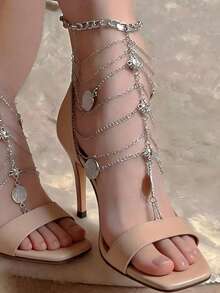 2 piezas de cadenas para zapatos de aleación de zinc con estampado de cadena, elegantes y sexys, adecuadas para negocios, playa, boda, fiesta, oficina, primavera/verano/otoño/invierno - Plateado - Ver 2