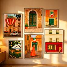 1/6pcs Italian Town Canvas Wall Art Posters, Room Home Decor Aesthetic Decorations, Optional Framed Wall Decor, Colorful European Street & Mediterranean Landscape Oil Painting Posters, Aesthetic Orange Green Gallery Wall Decor - Multicolor - View 9