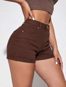 Shorts vaqueros casuales con bolsillos y puños para mujer - Marrón - Ver 4