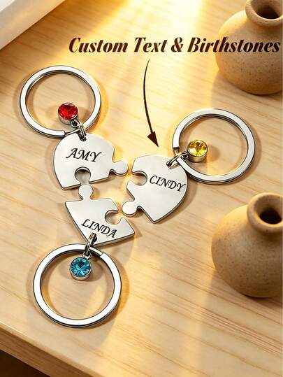1pc Customized Heart Puzzle Keychain, Personalized Family Name, Birthstone Keychain, Mother's Day Gift, Gift For Mom, Gift For Family/Friends/Girls/Mothers, Car Keychain