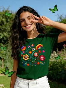 Mexican-Style T-Shirt With A Colorful Floral Print Featuring Festive Motifs, Casual Short-Sleeved Top With A Round Neck For Women. DWRM - 墨綠色 - 查看 5