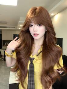 alicegarden 28-Inch Long Synthetic Wig Featuring A Natural Wavy Style In A A Stunning Brown. Designed With Bangs , This False Hairpiece Is Perfect For Ms Daily Party Cosplay Use, Offering A Natural And Natural Durable Wig Gift For Ladies. - Brown - View 5