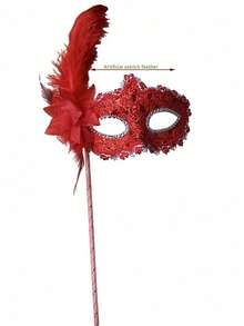 1pc Women's Multi-Color Rhinestone & Ostrich Feather Half Face Mysterious Sexy Masquerade Feather Hand Held Mask With Handle, Suitable For Various Festivals, Parties, Galas, Performances - Multicolor - View 6