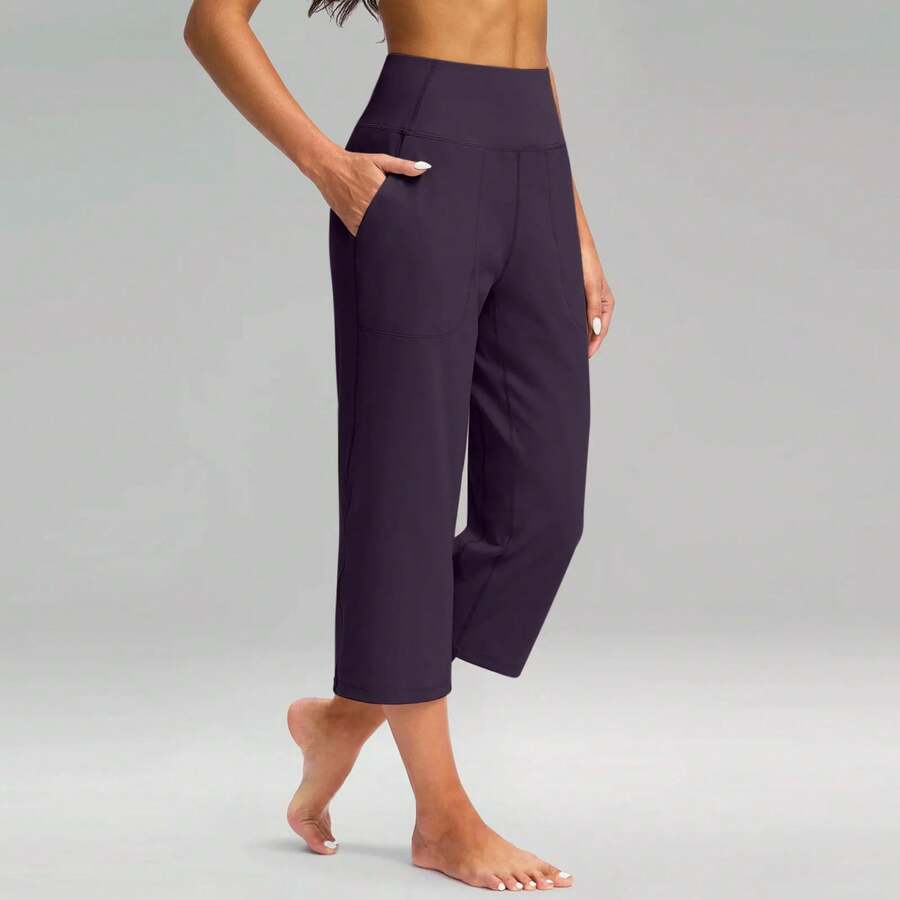 Pantalones elásticos de cintura alta 3/4 para mujer, pantalones capri informales de ajuste activo, pantalones con bolsillos, pantalones deportivos informales de color sólido - Morado - Ver 1