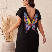 VCAY Plus Size Boho Butterfly Print Batwing Sleeve Tee Dress - Negro - Ver 3