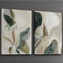 两幅一套的灰绿色抽象叶子装饰画，中性米色植物海报，现代简约风格，适用于客厅和卧室的墙面艺术 - A - 查看 13