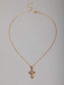 Elegante collar con colgante de cruz de rhinestone, collar gargantilla de moda unisex minimalista y de lujo, versátil - Amarillo Oro - Ver 3
