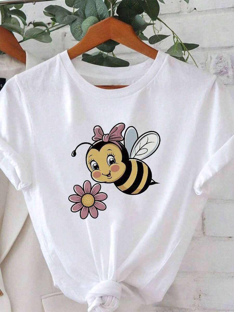 Conjunto Dulce y Encantador de Moda 2026 con Estampado de Abeja y Flores de Dibujos Animados, Camiseta Holgada Casual de Moda para Mujer con Cuello Redondo para Primavera Verano. - Blanco - Ver 1