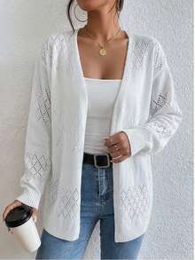 Plus Size Women's White Open Knit Cardigan, V Neck Long Sleeve Hollow Out Crochet Sweater, Casual Loose Open Front Outerwear For Spring Fall - trắng - Xem 5