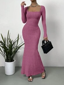 Vestido de manga larga ajustado que combina con todo, Color sólido, corte bajo, cuello de nueva línea, moda Sexy madura - 30754 - Ver 4