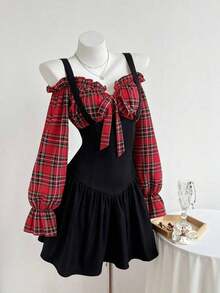 Vestido casual de otoño con estampado tartán, hombros descubiertos y tirantes anchos, perfecto para look diario y salidas con amigas - Rojo y negro - Ver 5