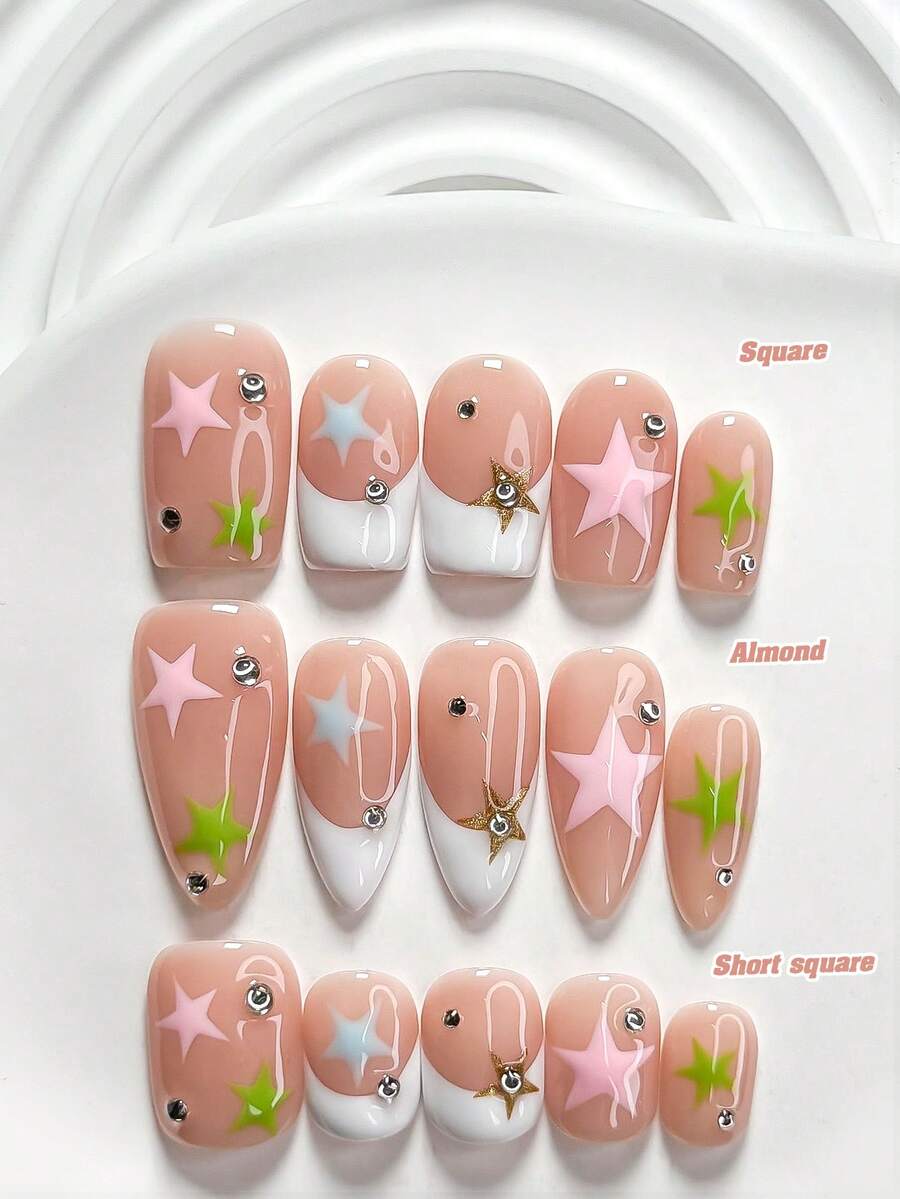 10pcs Star Theme French Manicure Set, Includes Gel Nails, Colorful Star Nail Decorations, Pink/Green/Blue/White Nail Polish, Fresh & Cute Style, Comes With Nail Tools (1 Jelly Sticker + 1 Nail File), Available In 3 Shapes: Square, Short Square, Almond, Suitable For Parties, Daily Wear, Photoshoots, Spring/Summer Commute - Multicolor - View 1