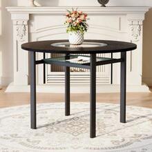 Modern Minimalist Round Dining Table, 100 Cm Diameter, Black Wood Grain On The Tabletop, Suitable For 2-4 People (With Grey Glass Insert And Metal Stability Frame). - Black - View 1