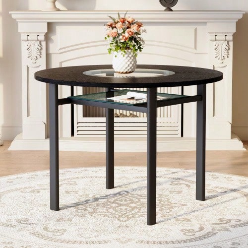 Modern Minimalist Round Dining Table, 100 Cm Diameter, Black Wood Grain On The Tabletop, Suitable For 2-4 People (With Grey Glass Insert And Metal Stability Frame). - Black - View 1