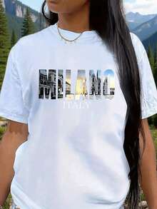 1pc Milano Italy Women's Casual Sporty T-Shirt With Geometric Print, Round Neck, Short Sleeves, Stretch Fabric, Mature Style, Perfect For Spring/Summer/Autumn, Ideal Christmas Gift. - White - View 2