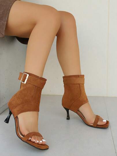 1 Pair Women's Brown Buckle Closure Back Zipper Pointed Toe Stiletto Heel Open Toe Sandal Boots, Elegant Fashion Sexy Party Style, Comfortable Versatile Black High Heel Ankle Boots For Spring/Summer