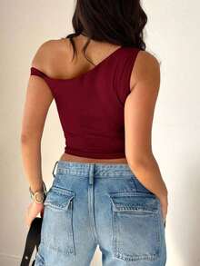 Top casual de manga corta con cuello asimétrico, plisado y unicolor negro - Burdeos - Ver 3