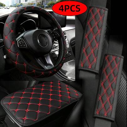 4pcs/Set Quilted Plaid Car Steering Wheel Cover, Seatbelt Shoulder Pad, Armrest Mat, PU Leather Anti-Slip Durable, Fit For Multiple Car Models, Auto Interior Accessories