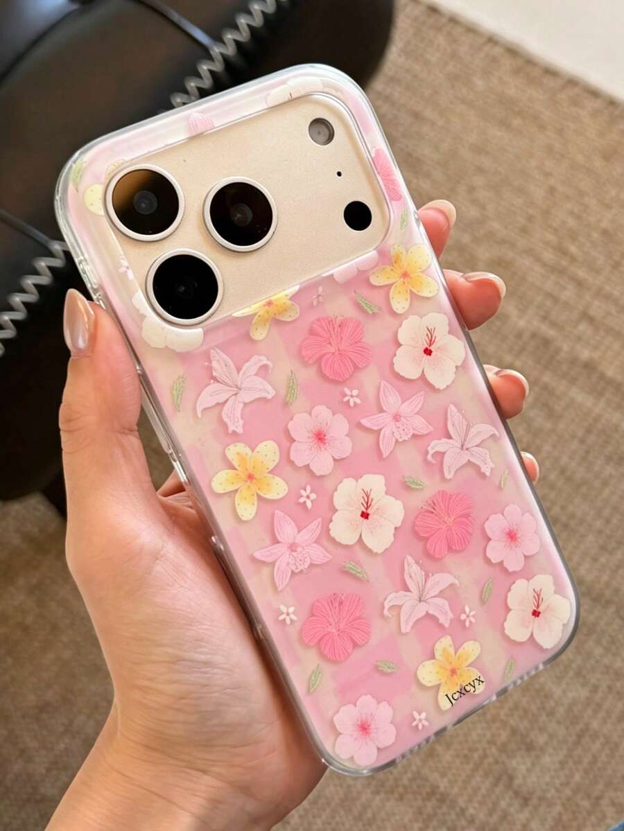 清新可愛粉色花卉格紋手機殼,適用於 iPhone 17 Pro Max Air 16 15 14 13 12 11 Pro Max Plus,時尚女孩藝術創意圖案防震保護殼,甜美春夏風格 - 粉色 - 查看 1