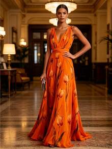 Women's New Arrival: Tulip-Print Dress - Sleeveless, V-Neck, Chiffon Maxi Dress - 亮橙色 - 查看 4