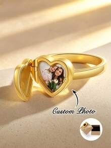 Personalized Heart-Shaped Photo Ring, Customized Photo Stamp Ring, Memorial Jewelry, Customizable Photo And Name Ring - Gold - View 1