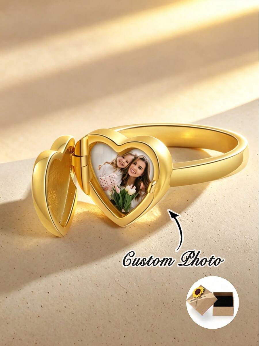 Personalized Heart-Shaped Photo Ring, Customized Photo Stamp Ring, Memorial Jewelry, Customizable Photo And Name Ring - Gold - View 1