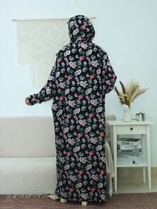 女款時尚花卉圖案長款晨袍,長袖圓領梭織面料,中長版型,展現端莊優雅,度假風 - 彩色 - 查看 3