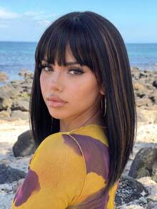 14 Inch Black With Brown Highlights Bob Wig With Bangs - Heat Resistant Synthetic, Simulated Scalp | Daily/Office Styling| Natural Look| Cosplay/Party | Y2K Style - Multicolor - View 2