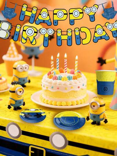  Juego de vajilla desechable con temática de Minions - 52 piezas Todo en Uno con platos de papel, vasos, servilletas, mantel y pancarta de Feliz Cumpleaños, kit de vajilla con diseño de Minions amarillos y azules de Gru, mi villano favorito, para fiesta de cumpleaños de niños, baby shower, fiesta de fans de Minions, decoración de mesa fácil de limpiar para fiesta de niños pequeños, suministros de fiesta con temática de dibujos animados
