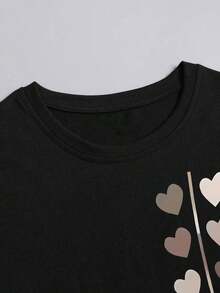 Camiseta informal de mujer de manga corta con cuello redondo y estampado de corazones para veranoPure-Cotton - Negro - Ver 4