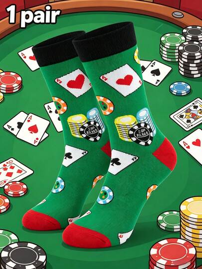 1 par de calcetines hasta el tobillo con estampado de naipes divertidos para hombres, calcetines con patrón de póker y juegos de cartas, grandes regalos para hombres/novios, talla unisex, ideal para cumpleaños y pequeños obsequios