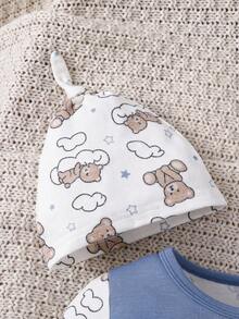4pcs/Set Newborn Baby Boy Cloud & Bear Print Colorblock Romper + Hat + Gloves + Bib, Cute Outfit - Dusty Blue - View 4