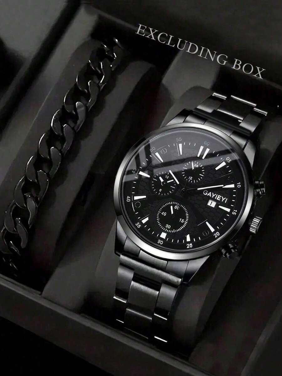 2pcs/Set Minimalist Casual Men's Quartz Watch Set, Including Bar Marker Men's Quartz Watch And Cuban Link Men's Bracelet. Stylish And Rugged, Retro Bar Marker Dial Radiates Steady And Solemn, Practical Functions - Black - View 1