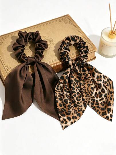 2pcs Coffee-Colored Solid Satin Leopard Print Triangular Scarf Headband, Casual Bohemian Retro Palace Style, Polyester, Suitable For All Seasons