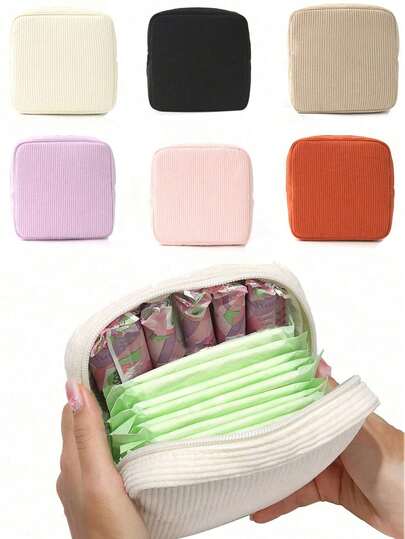 1 pieza Bolsa de almacenamiento de almohadillas sanitarias de pana, bolsa de almacenamiento de tampones, bolsa de almacenamiento de almohadillas sanitarias de alta calidad y gran capacidad, bolsa de almacenamiento portátil para viajes, bolsa de cosméticos pequeña, bolsa de almacenamiento de cuidado personal, accesorio de viaje, esencial de viaje, para almacenar almohadillas sanitarias, tampones, lápiz labial, monedas, etc., esencial para mujeres, regalo para mujeres, regalo de vacaciones, regalo de Navidad