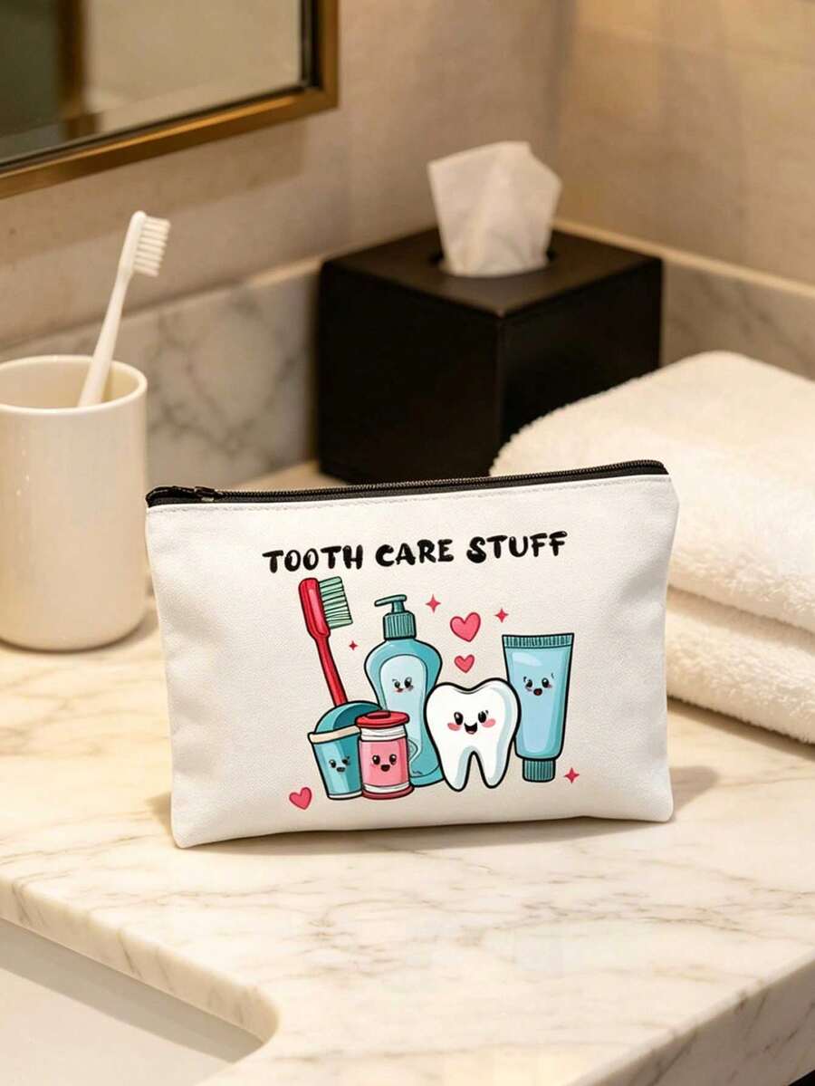 Bolsa de cosméticos de cuidado dental divertida - "Productos de cuidado dental" Bolsa de maquillaje, bolsa de maquillaje con diseño de dientes de dibujos animados, estuche de viaje portátil con cremallera para productos de higiene dental, bolsa de cosméticos para productos de higiene bucal, organizador de cuidado bucal divertido para mujeres y hombres, puede contener cepillo de dientes, pasta de dientes, etc. - Diseño caprichoso y educativo - Perfecto para viajes, playa, viajes, regalo perfecto para amantes del viaje del higienista dental - Multicolor - Ver 1