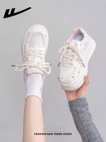 1 Pair WARRIOR Women's Thick Sole Lace-Up Soft Bottom Casual Shoes, Low-Top Outdoor Flat Shoes For Summer, Round Toe Low Heel Non-Slip Solid Color Elegant Soft Bottom Hiking Suitable For Students Graduation Photos, Women Low-Top Mesh Sneakers - Flour/Rice - View 7