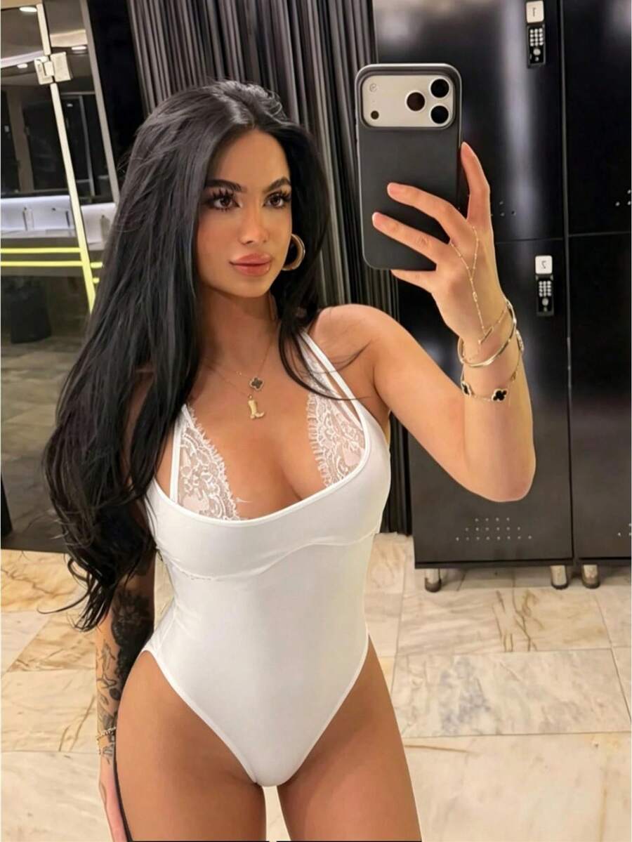 Women Halter Neck Eyelash Lace Trim Bodysuit Sleeveless Spaghetti Straps V-Neck Self Tie Backless Romper Camisole Leotard Tops Casual Summer Slim Fitted Tank Tops Blouse Shirts Party Clubwear Y2K Streetwear - White - View 1