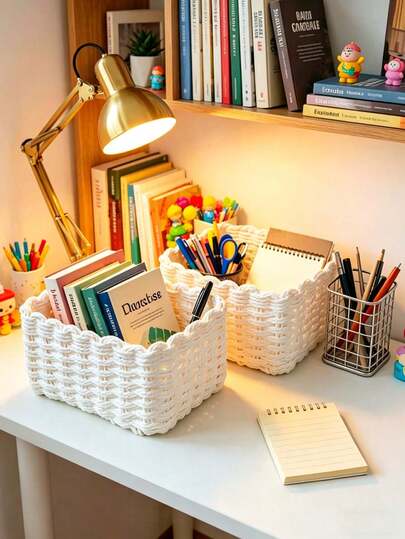 3pcs S+M+L Handwoven Storage Baskets Set / 1pc Single Woven Paper Rope Storage Basket, Breathable Lightweight Organizer Bin For Living Room, Bedroom, Closet, Cabinet, Shelf, Office