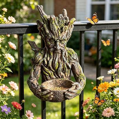 Resin Tree Face Bird Feeder, Weatherproof Multi-Function Bird Bath And Feeding Station, Outdoor Garden Patio Decor For Bird Lovers