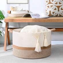 67L Large Blanket Basket, 20'x13' Woven Storage Baskets With Handle, Cotton Rope Blanket Basket Living Room, Baby Laundry Hamper - 白色和棕色 - 查看 4