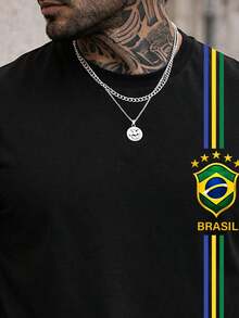 Camiseta Masculina Blusa Brasil 3 Listra T-shirt Verão Manga Curta Camisa Algodão Premium - Preto - Visão 2