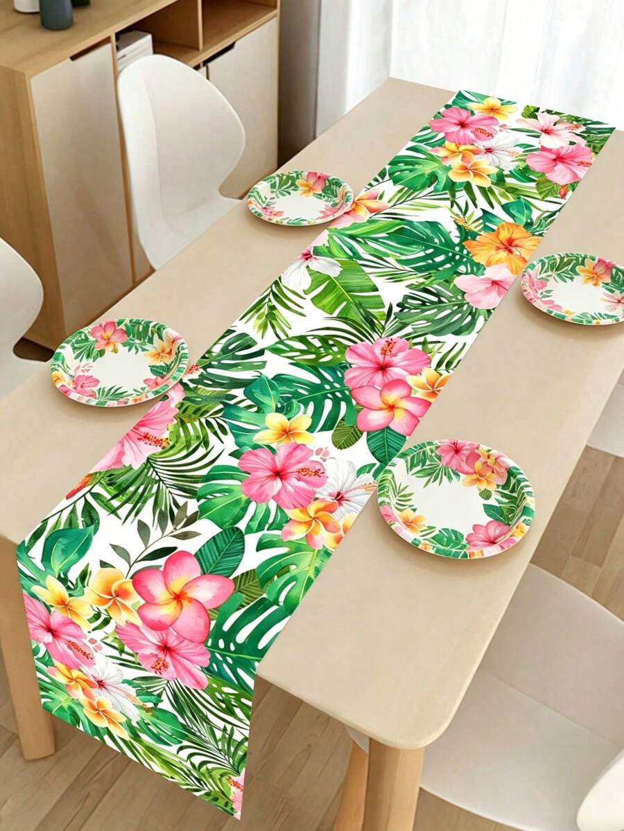 1件夏威夷花卉棕榈叶图案涤纶桌旗，夏季夏威夷主题派对桌布，节日生日婚礼派对装饰，夏季海滩餐桌装饰，夏威夷阿罗哈派对装饰，夏季室内外派对桌布，厨房餐厅装饰桌裙，春季装饰，家居装饰桌布套装，节日派对礼物