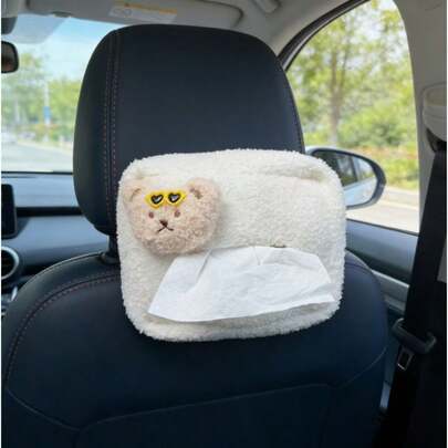 1pc Car Tissue Box, Armrest Compartment Tissue Paper Dispenser, Cute Plush Hanging Car Tissue Holder